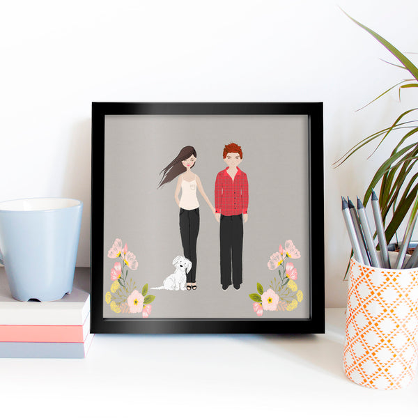 Couple with pet portrait, Custom illustration, personalised portrait, Custom portrait illustration from photo. Couple portrait. DIGITAL FILE