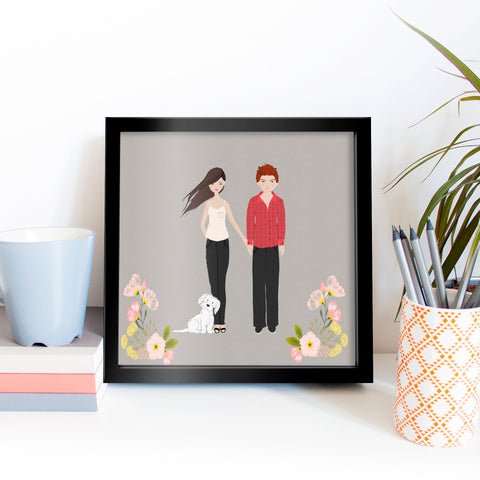 Couple with pet portrait, Custom illustration, personalised portrait, Custom portrait illustration from photo. Couple portrait. DIGITAL FILE