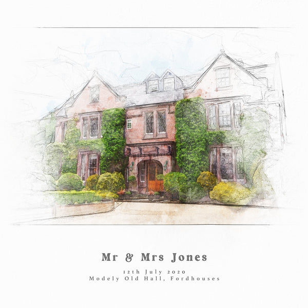 Bespoke Wedding Venue Sketch Print Portrait Personalised Wedding Gift For The Couple UNFRAMED PRINT